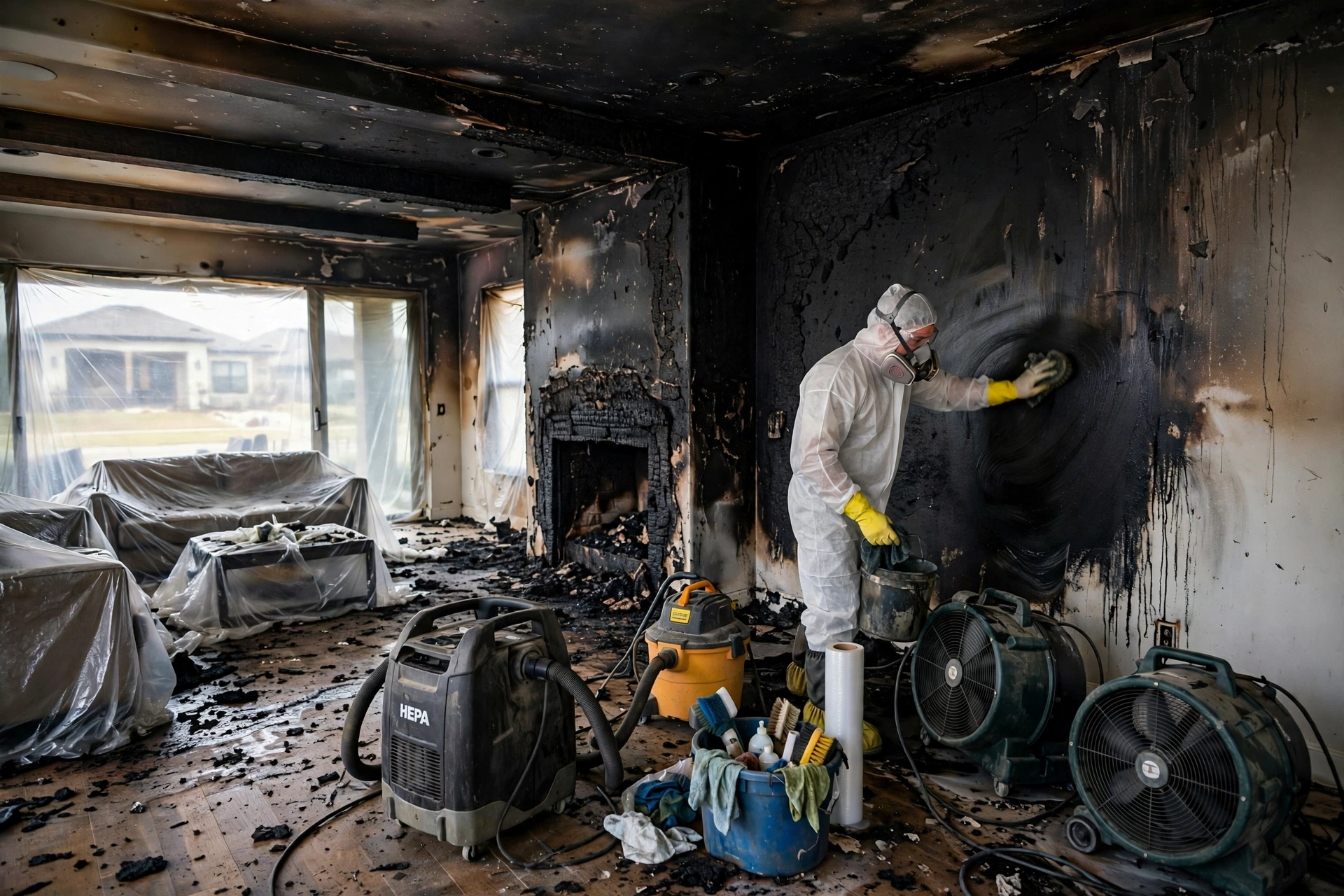 Fire-damaged living room with soot cleanup in progress in McKinney, TX