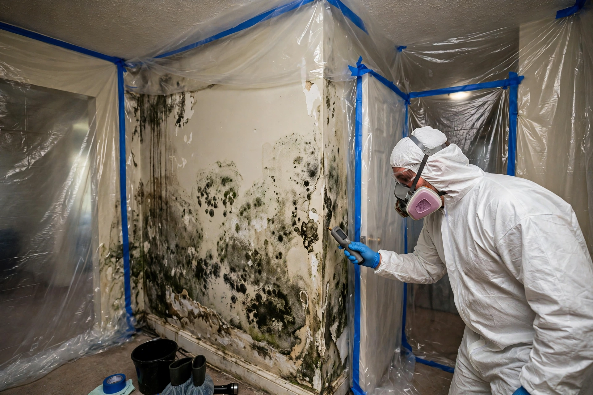 Mold growth on a wall with containment in place in McKinney, TX